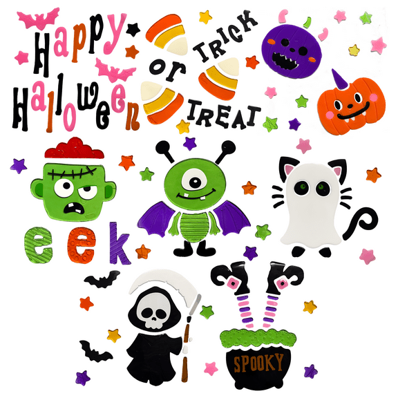 Halloween Window Gel Clings 8-Sheet Reusable Set Fun Holiday Decorations for Windows, Mirrors & Glass