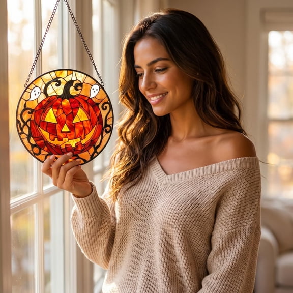 Halloween Window Hanging Suncatcher, Round Glass Pendant with Pumpkin Bat Designs for Window Wall Decor, Colorful Light Filter Ornament for Home Indoor Outdoor Holiday Party and Gift