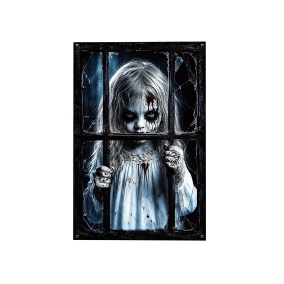 Halloween Window Poster Creepy Zombie Girl Broken Window Design Indoor Outdoor Wall Mural 47 X 31.5 Inches