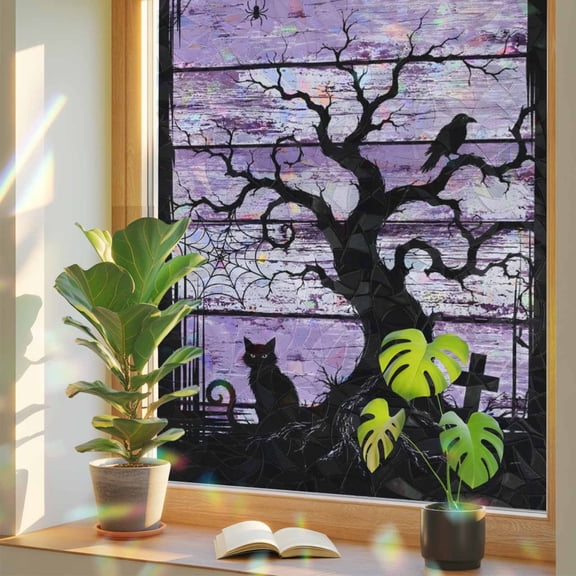Halloween Window Privacy Film, Black Cat Goth Tree Silhouette Spiderwebs Purple Wood Grain Stained Glass Rainbow Film Decorative Window Clings, Static Cling Sun Blocking Stickers 17.7" x 39.3"