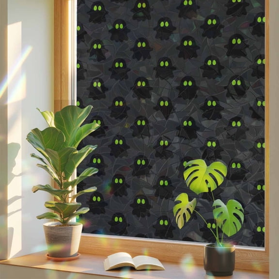 Halloween Window Privacy Film, Black Floating Spooky Ghosts Green Eyes Minimalist Stained Glass Rainbow Film Decorative Window Clings, Static Cling Sun Blocking Stickers 17.7" x 39.3"