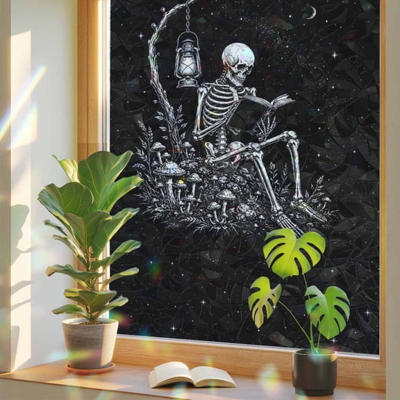 Halloween Window Privacy Film, Dark Academia Goth Study Tree Arch Mystical Night Moon Stars Stained Glass Rainbow Film Decorative Window Clings, Static Cling Sun Blocking Stickers 23.6" x 78.7"