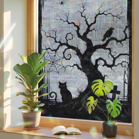 Halloween Window Privacy Film, Fall Black Cat Goth Tree Silhouette Spiderwebs Ash Gray Stained Glass Rainbow Film Decorative Window Clings, Static Cling Sun Blocking Stickers 23.6" x 59"
