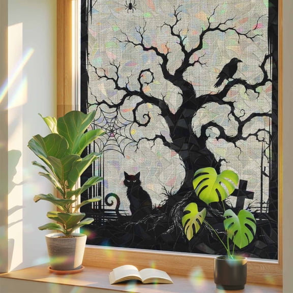 Halloween Window Privacy Film, Fall Black Cat Goth Tree Silhouette Spiderwebs Linen Texture Stained Glass Rainbow Film Decorative Window Clings, Static Cling Sun Blocking Stickers 23.6" x 78.7"
