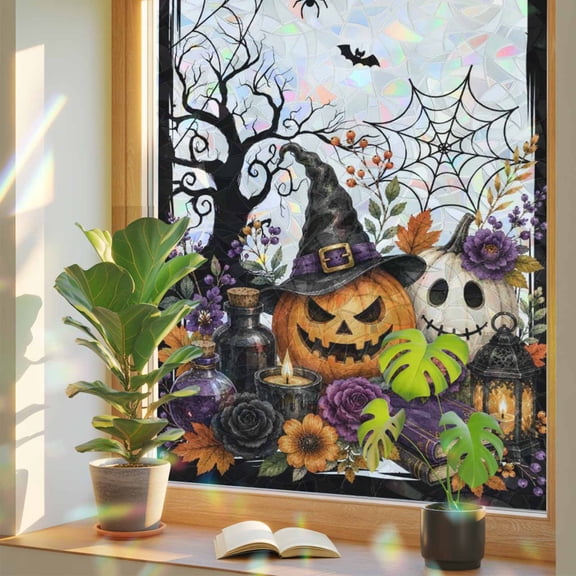 Halloween Window Privacy Film, Fall Fantasy Ghosts Witch Hat Pumpkin Goth Shabby Chic Stained Glass Rainbow Film Decorative Window Clings, Static Cling Sun Blocking Stickers 19.6" x 39.3"