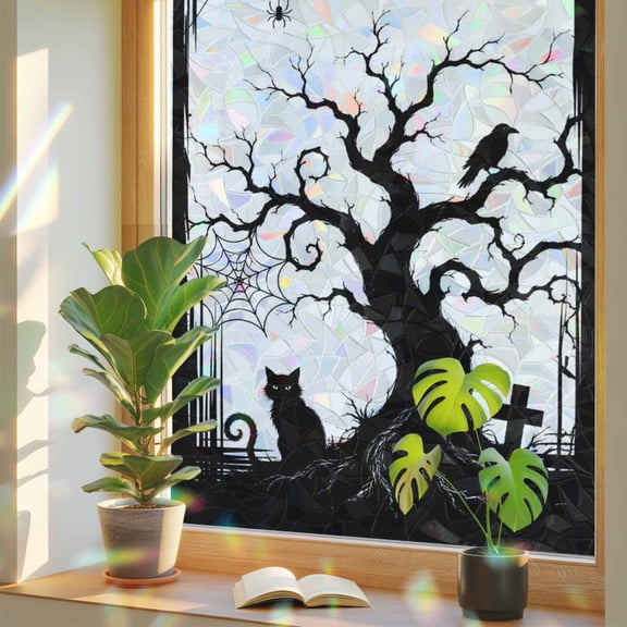 Halloween Window Privacy Film, Fall Sitting Black Cat Goth Tree Silhouette Spiderwebs Stained Glass Rainbow Film Decorative Window Clings, Static Cling Sun Blocking Stickers 17.7" x 78.7"