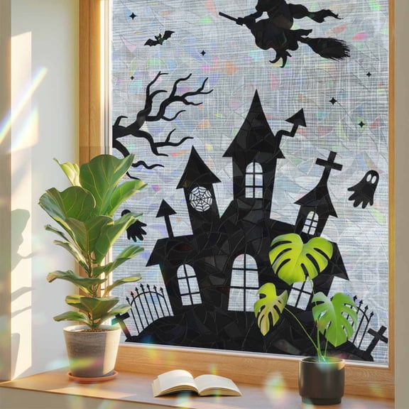 Halloween Window Privacy Film, Goth Flying Witch Haunted Castle Tree Silhouette Gray Stained Glass Rainbow Film Decorative Window Clings, Static Cling Sun Blocking Stickers 23.6" x 59"