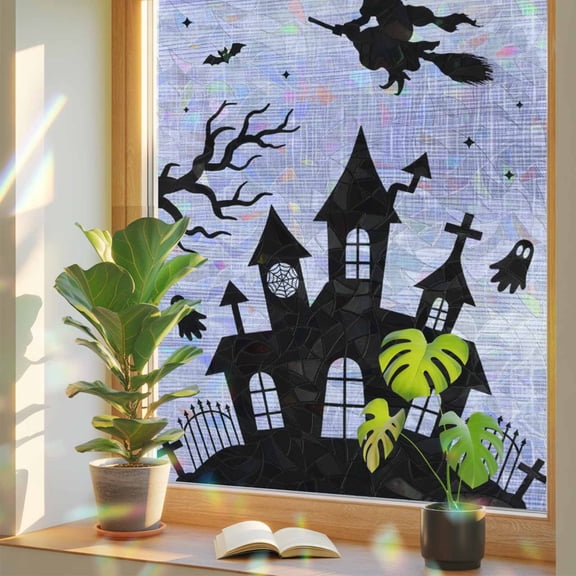 Halloween Window Privacy Film, Goth Flying Witch Haunted Castle Tree Silhouette Purple Stained Glass Rainbow Film Decorative Window Clings, Static Cling Sun Blocking Stickers 23.6" x 59"