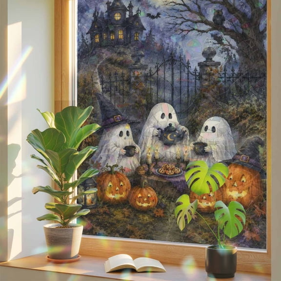 Halloween Window Privacy Film Rainbow Static Cling Stain Glass Window Film for Glass Door, Decorative Sunroof Decal Sticker for Car 17.7"x39.3" Horror Ghost Haunted-House Orange Pumpkin Rustic