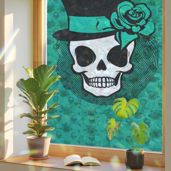 Halloween Window Privacy Film Rainbow Static Cling Stain Glass Window Film for Glass Door, Decorative Sunroof Decal Sticker for Car 29.5"x118" Skull Head Roses Horror Street Art Mint Green