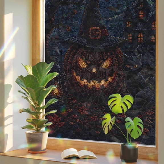 Halloween Window Privacy Film Rainbow Static Cling Stain Glass Window Film for Glass Door, Decorative UV Blocking Sunroof Decal Sticker for Car 17.7"x39.3" Spooky Pumpkin Black Cat Ghost Moonligh