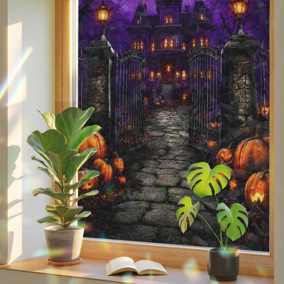Halloween Window Privacy Film, Spooky Haunted Castle Pumpkin Full Moon Dark Fantasy Stained Glass Rainbow Film Decorative Window Clings, Static Cling Sun Blocking Stickers 23.6" x 59"