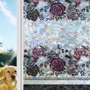 Halloween Window Privacy Film Stain Glass,Reusable Decorative Rainbow Window Film,Black Purple Skull Roses Horror Flower Static Cling Sun Blocking Stickers Decals Covers 17.7" x 39.3" (2pcs)