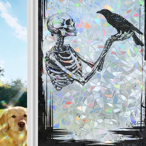Halloween Window Privacy Film Stain Glass, Reusable Decorative Rainbow Window Film, Black Skull Crow White Non-Adhesive Static Cling Sun Blocking Stickers Decals Covers 29.5" x 118" (2pcs)