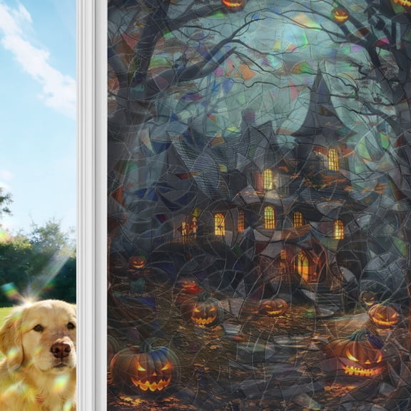 Halloween Window Privacy Film Stain Glass,Reusable Decorative Rainbow Window Film,Castle Forest Pumpkin Vintage Bats Cottage Static Cling Sun Blocking Stickers Decals Covers 17.7" x 39.3" (2pcs)