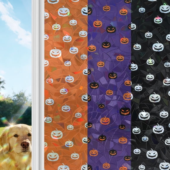 Halloween Window Privacy Film Stain Glass,Reusable Decorative Rainbow Window Film,Orange Purple Black Striped Pumpkins Static Cling Sun Blocking Stickers Decals Covers 29.5" x 118" (2pcs)