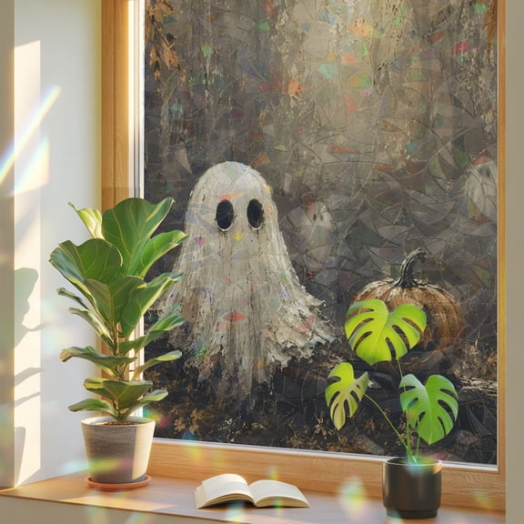 Halloween Window Privacy Film, Vintage Forest Ghost Pumpkin Stained Glass Rainbow Film Decorative Window Clings, Static Cling Sun Blocking Stickers 17.7" x 39.3"