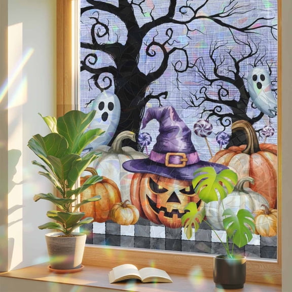 Halloween Window Privacy Film, Vintage Pumpkin Goth White Ghost Gingham Country Tree Purple Stained Glass Rainbow Film Decorative Window Clings, Static Cling Sun Blocking Stickers 19.6" x 39.3"