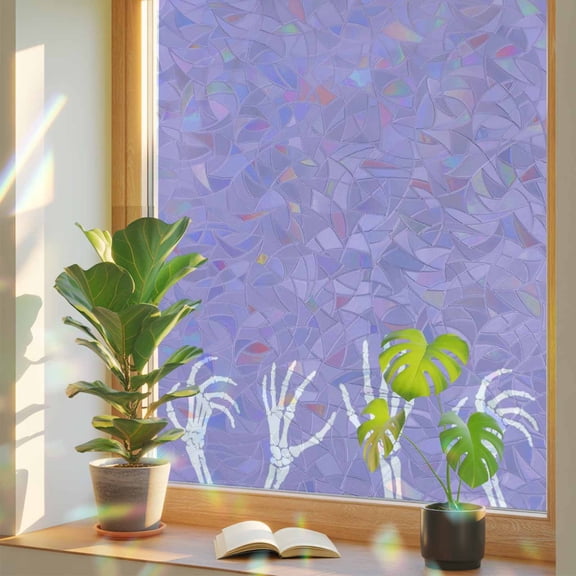 Halloween Window Privacy Film, White Horror Spooky Skeleton Hands Purple Background Stained Glass Rainbow Film Decorative Window Clings, Static Cling Sun Blocking Stickers 23.6" x 59"