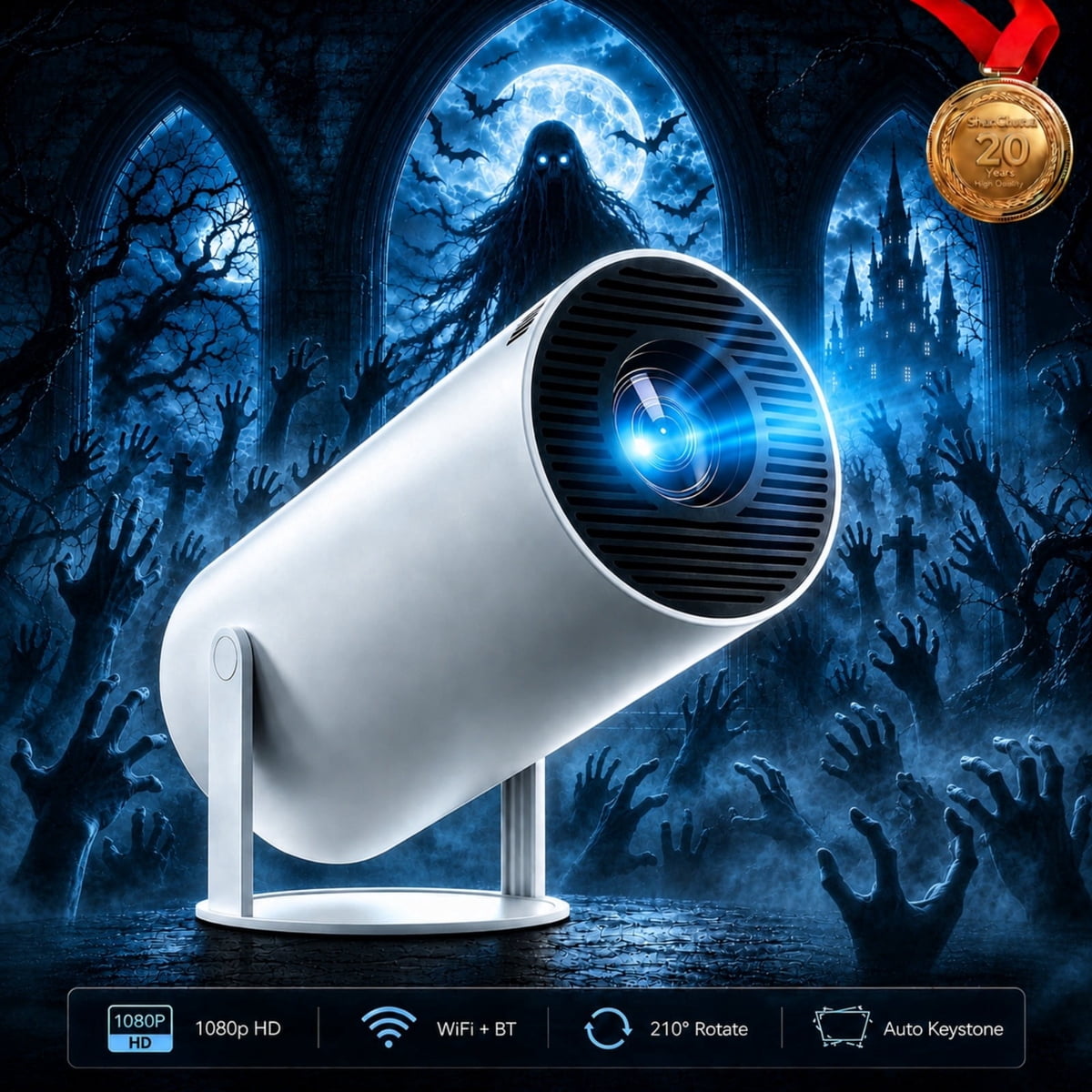 Halloween Window Projector, 720P WiFi Bluetooth Projector for Window, Wall & Ceiling