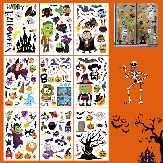 Halloween Window Stickers, 173Pcs Black Cat & Skeleton & Ghosts