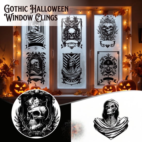 Halloween Window Stickers, 9pcs Gothic Tombstone & Skeleton Glass Decals, Removable PVC Black Skull Wall Art for Home Party Decor, Easy to Apply & Reuse on Windows/Mirrors/Doors