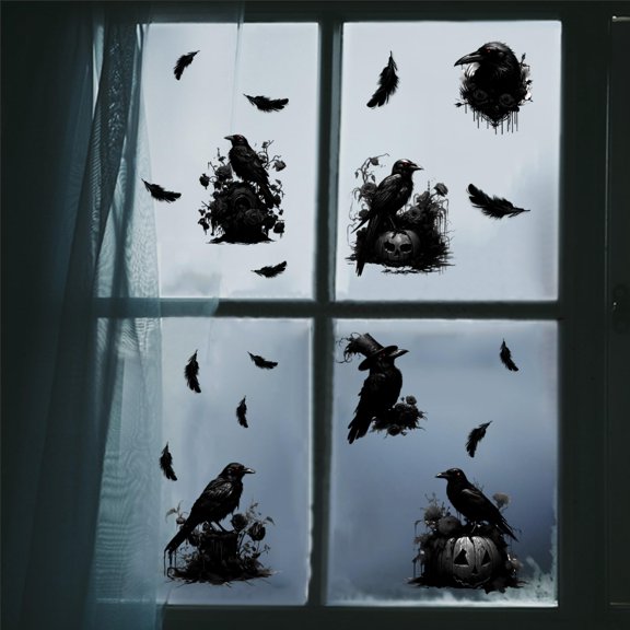 Halloween Window Stickers Black Crows Spiderweb Bats Silhouette Decor 23.62x11.81 Inches