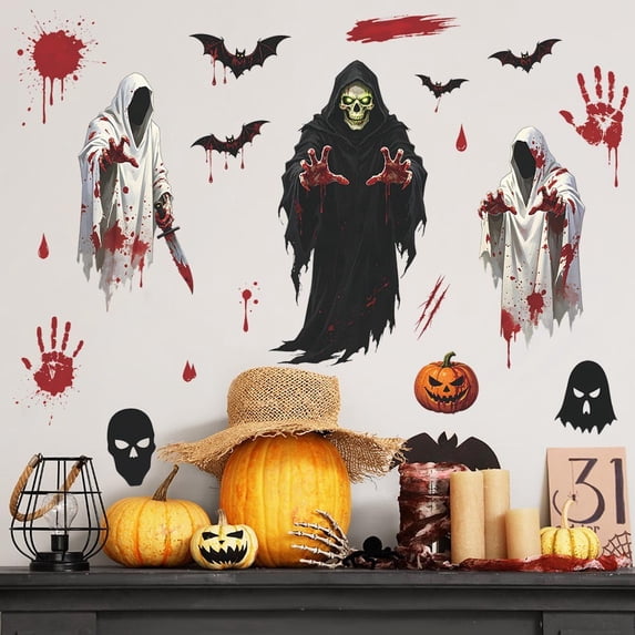 Halloween Window Stickers, Spooky PVC Glass Decals with Ghosts Pumpkins Bats, Peel and Stick Decorations for Windows Balcony Glass Doors Party