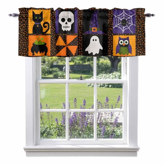 Halloween Window Valance for Kitchen, Retro Spooky Black Cat Skull Witch Hat Spiderweb Candy Corn Rod Pocket Short Curtains for Bathroom Bedroom, Light Filtering Decorative Valances, 60x18 Inch