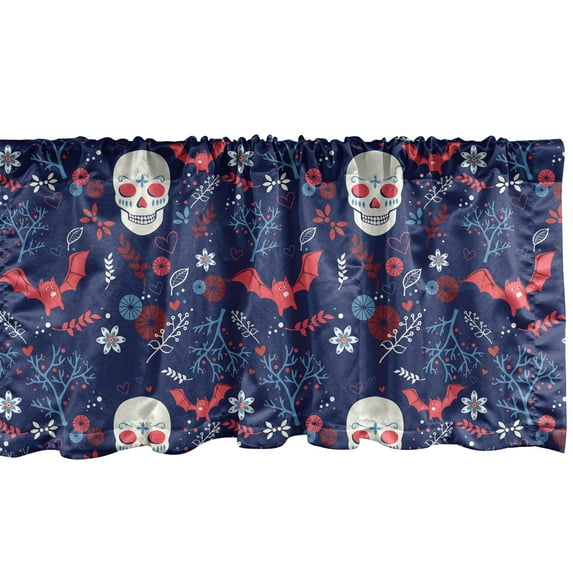 Halloween Window Valance, Spooky Night Inspired Skull Bat and Flower Pattern Horror Theme Cartoon, Curtain Valance for Kitchen Bedroom with Rod Pocket, 54" X 18", Dark Blue Dark Coral, by Ambesonne