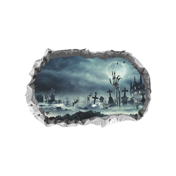 Halloween Window Wall Sticker 3D Broken Wall Graveyard Scene Decal Glass Decoration Removable Holiday Party Display