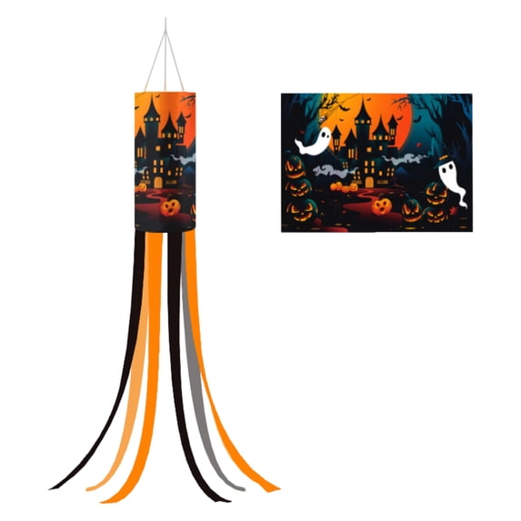 Halloween Windsock Haunted Castle Ghost Pumpkin Print Hanging Decor for Yard Front Porch Halloween Party Outdoor 1 Piece Decoration
