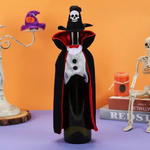 Halloween Wine Bottle Covers, Vampire Cape and Witch Hat Costumes | Black and Red Wine Accessories for Bar Table, Hostess Gifts, Halloween Parties and Holiday Home Decor
