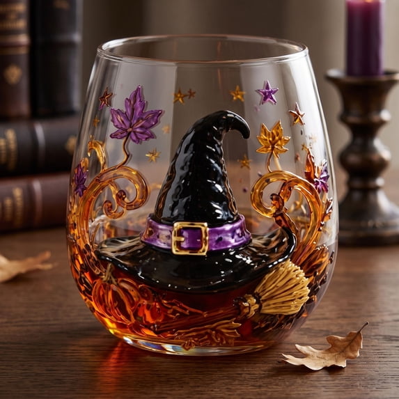 Halloween Wine Glasses Patterned Glass Cup ,Artistic 3D Halloween Decor Stemless Wine Glasses,Gothic Black Cat Pumpkin Ghost Spider Tumbler, Macabre Autumn Home Bar Decor For Women Men