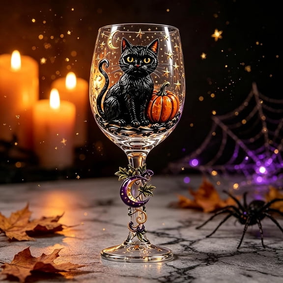 Halloween Wine Goblets,Clear Stemmed Glass with Cat and Pumpkin Pattern Decor,for Festival Dinner Table and Holiday Party Supplies