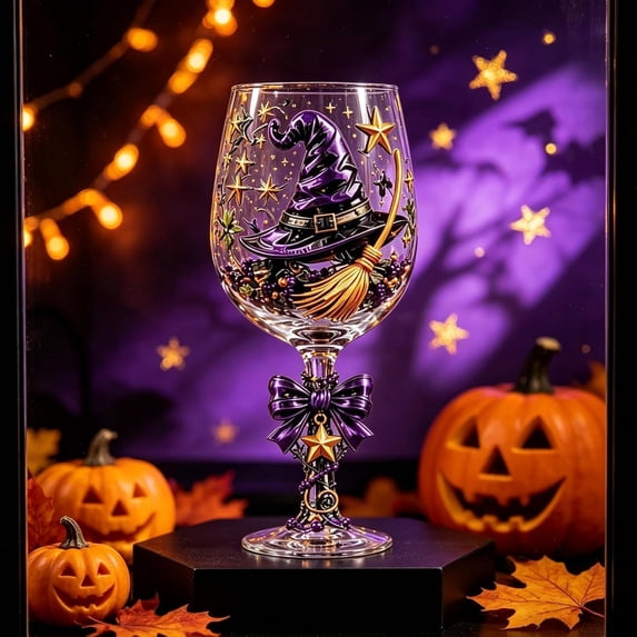 Halloween Wine Goblets,Clear Stemmed Glass with Witch Hat and Star Pattern Decor,for Festival Dinner Table and Holiday Party Supplies