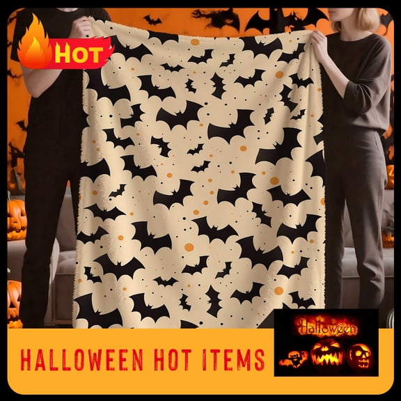 Halloween Winged Blanket - Gothic Bat & Bats Print Soft Flannel All-Season Throw - Black & Beige Spooky Bedspread for Couch, Bed, or Floor - Machine Washable Multi-Size Bedding with Beige & Black Bat