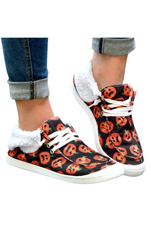 Halloween Winter Snow Boots for Women Pumpkin Skeleton Casual Canvas High Top Fashion Sneakers Ankle Booties Walking Shoes