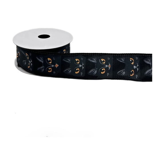Halloween Wired Edge Ribbon, 1.5inch x 4Yards Black Cat Print Festive Decorative Ribbons for Gift Wrapping, Wreath Bow Making, Home Decor, Party Supplies