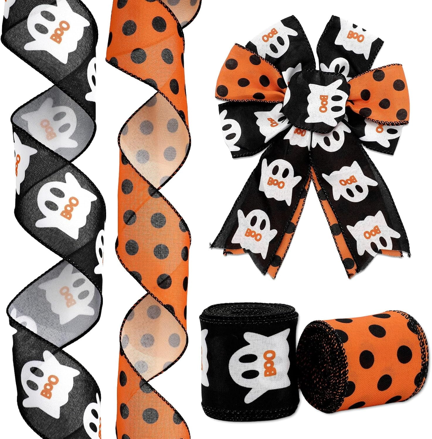 Halloween Wired Edge Ribbon 2.5 Inch 20 Yards Orange Black Ghost Dots ...