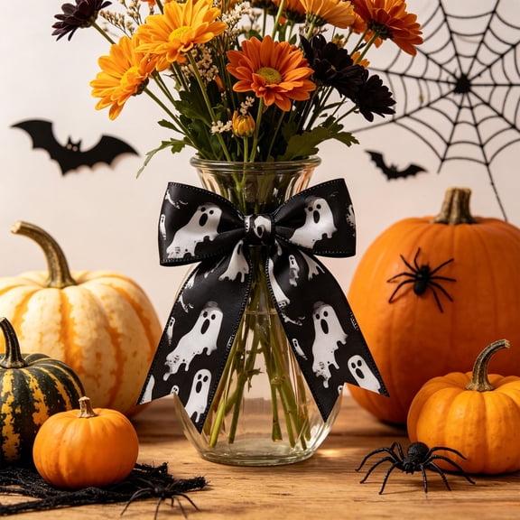 Halloween Wired Edge Ribbon, 5 Yards Eye Ghost Skull Printed Wrapping Ribbon for Halloween Party Decoration Wreath DIY Craft
