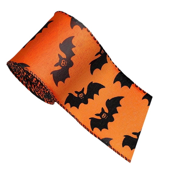 Halloween Wired Edge Ribbon, Decor Ribbon With Spider Bat Ghost Print, Diy Craft Wrapping Ribbon For Halloween Party Home Wreath Tree Decor(Orange2-179.92")