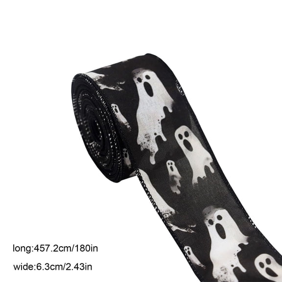 Halloween Wired Edge Ribbon with Ghost, Skull Eyes, Boo Patterned Black Orange White Fabric Craft Ribbon for Wreath Bow Making DIY Gift Wrapping, 2.5 inch * 5 yard (A)