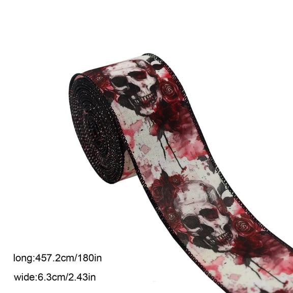 Halloween Wired Edge Ribbon with Ghost, Skull Eyes, Boo Patterned Black Red White Fabric Craft Ribbon for Wreath Bow Making DIY Gift Wrapping, 2.5 inch * 5 yard (C)