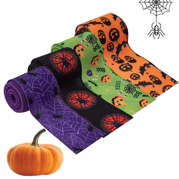 Halloween Wired Edge Ribbon Set - 4 Rolls 20 Yards Orange/Black Buffalo Plaid & Dot Print Ribbons for Fall Crafts, Bows & Party Decorations