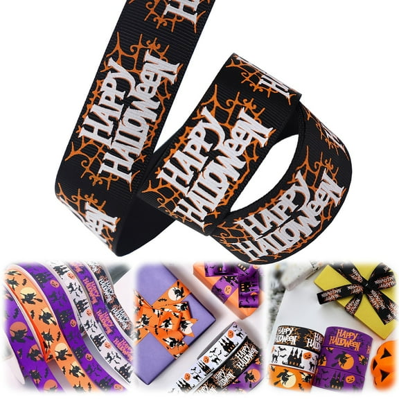 Halloween Wired Edge Ribbon for Wreaths, Bat Spider Web Pumpkin Print Grosgrain Ribbon, Black Cat Witch Ribbon Halloween Party Decorative Ribbon Supplies, 1 Roll/10 Yards, Orange