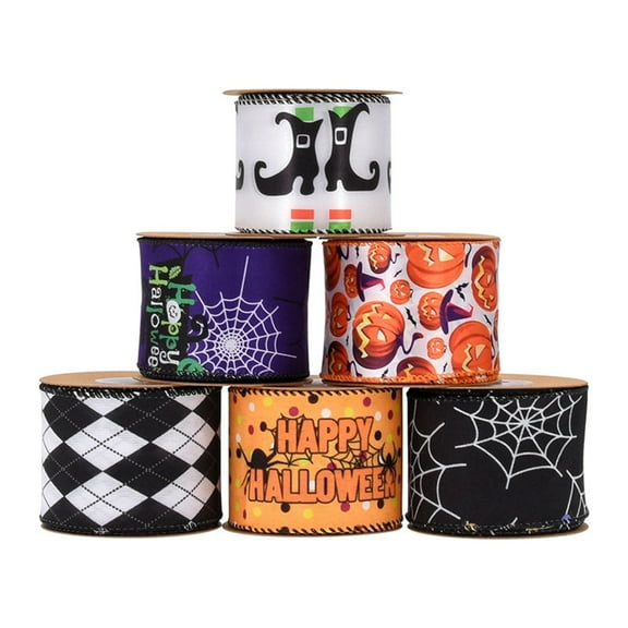 Halloween Wired Ribbon,Burlap Ribbon Rolls,Pumpkin Ghost Spiderweb Printed Decorative Wrapping Ribbons for Wreath Garland Bow Home Decoration,Halloween Decor,5 Yards 2" Wide,1PC