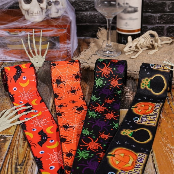 Halloween Wired Ribbon, Spiders Halloween Decorations, Webs Halloween Decorations, Halloween Craft Supplies, 1 Roll of Orange Web Printed Wired Ribbon Ideal for Festive