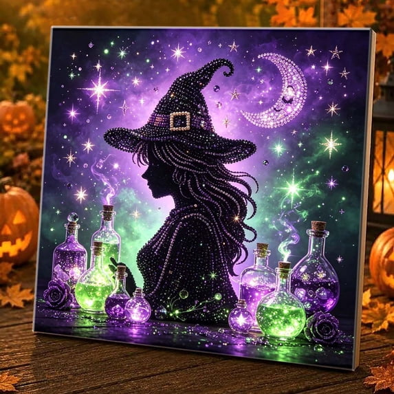 Halloween Witch 3D Pearl Diamond Art Kit Full Drill Shaped Rhinestone Painting for Adults Beginners Gothic Silhouette Moon Star Wall Decor Holiday Handmade Gift