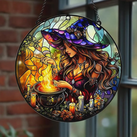 Halloween Witch Acrylic Suncatcher, Magic Cauldron Faux Stained Glass Hanging, Witchy Window Gift For Her